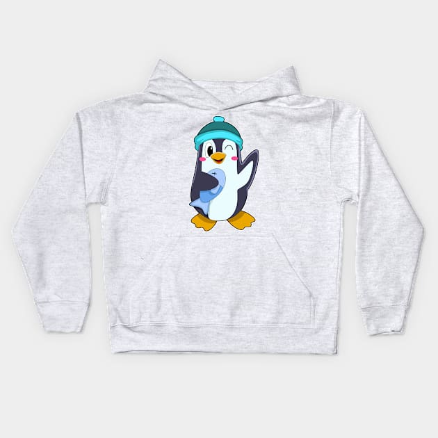 Penguin with Fish & Hat Kids Hoodie by Markus Schnabel